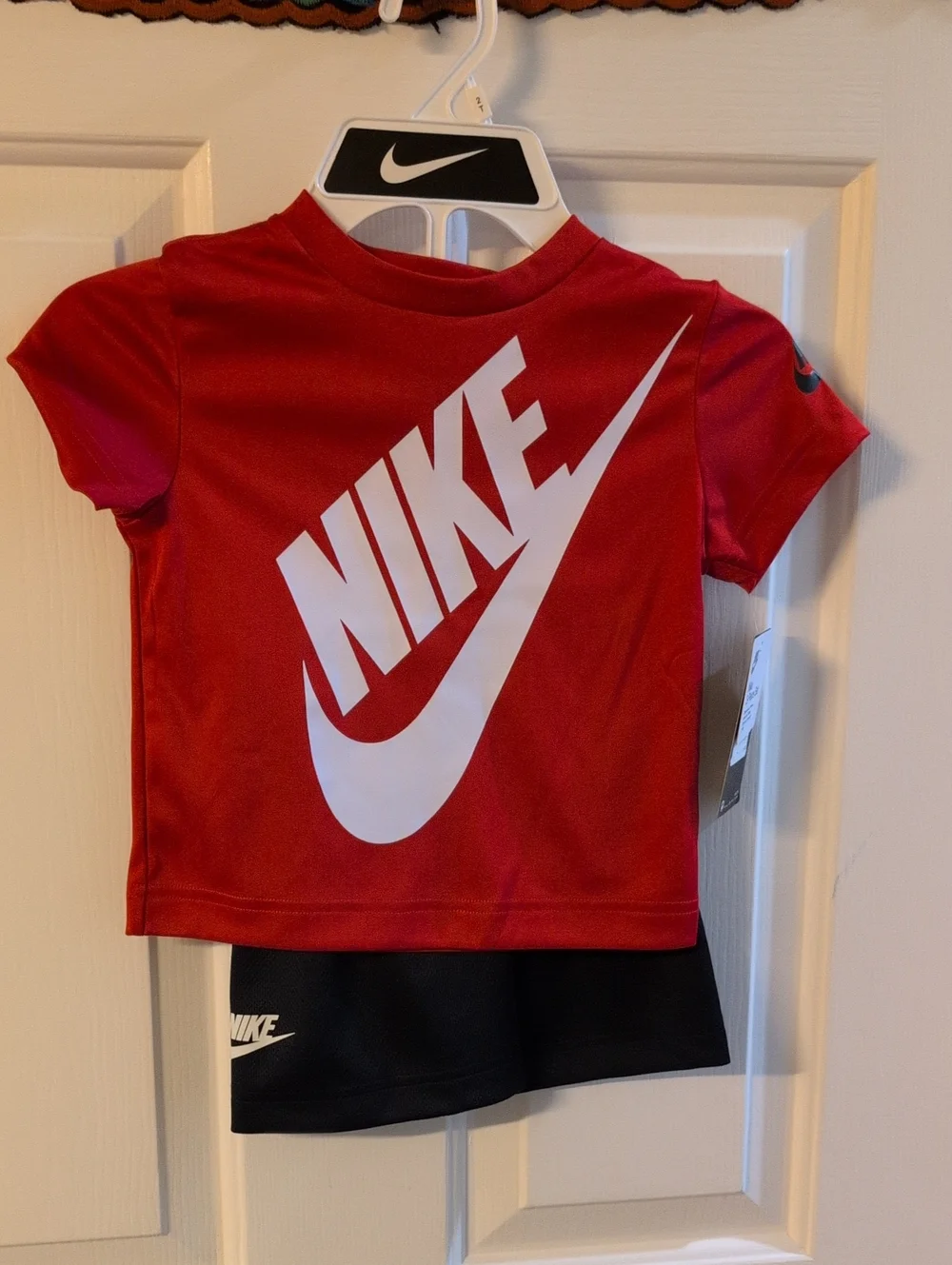 NWT Nike Red Tee with White Logo and Black Athletic Shorts
